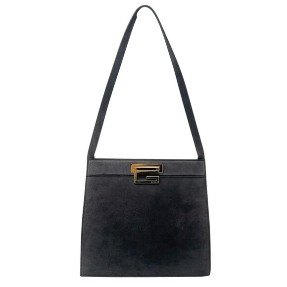 GUCCI Vintage G Square Logo Shoulder Bag Handbag Black Gold Suede [105633] - Picture 5 of 13